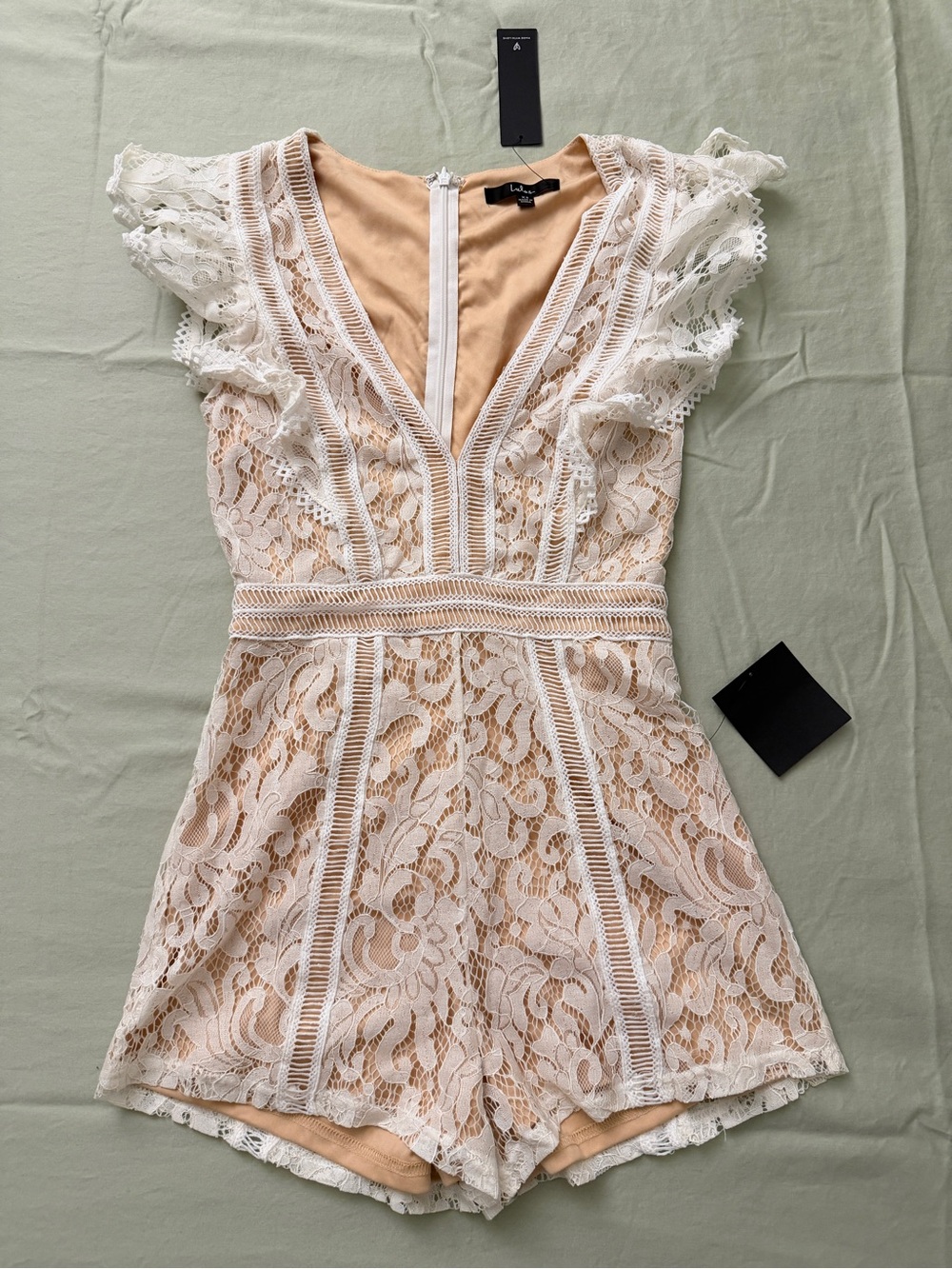 Lulu's White Lace Mini Romper with Nude Lining